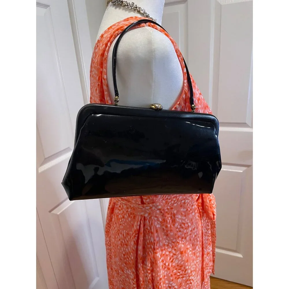 Vtg Womens‎ Black Patent Leather Convertible Clutch Whimsigoth Pinup Emo Capsule